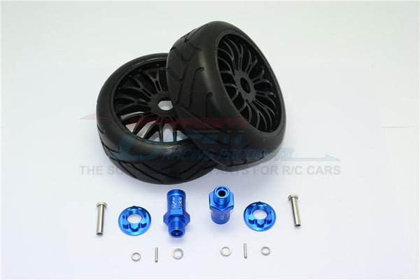 Axial Yeti Rock Racer Aluminum 23mm Rear Hex Adapters + Rubber On-Road Radial Tires With Plastic Wheels - 1Pr Set Blue
