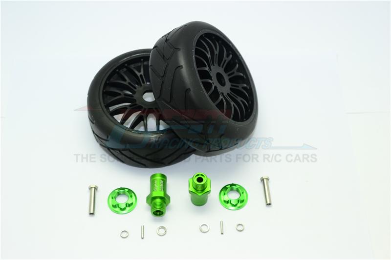Axial Yeti Rock Racer Aluminum 23mm Rear Hex Adapters + Rubber On-Road Radial Tires With Plastic Wheels - 1Pr Set Green