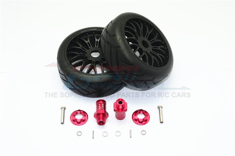 Axial Yeti Rock Racer Aluminum 23mm Rear Hex Adapters + Rubber On-Road Radial Tires With Plastic Wheels - 1Pr Set Red