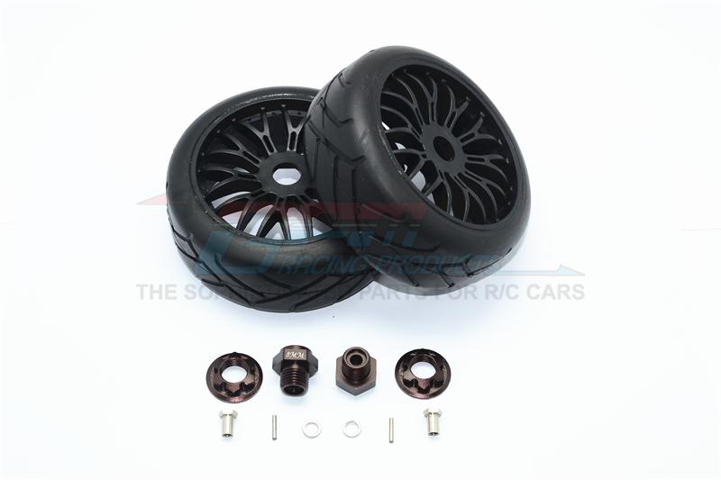 Axial Yeti Rock Racer Aluminum 8mm Front Hex Adapters + Rubber On-Road Radial Tires With Plastic Wheels - 1Pr Set Brown