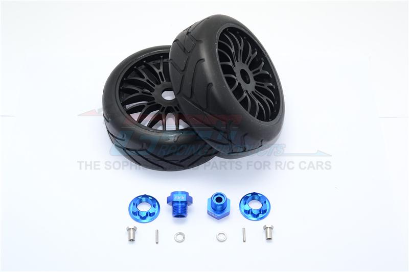 Axial Yeti Rock Racer Aluminum 8mm Front Hex Adapters + Rubber On-Road Radial Tires With Plastic Wheels - 1Pr Set Blue