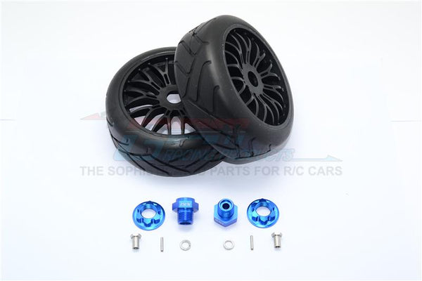 Axial Yeti Rock Racer Aluminum 8mm Front Hex Adapters + Rubber On-Road Radial Tires With Plastic Wheels - 1Pr Set Blue