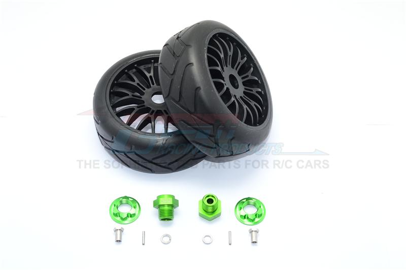 Axial Yeti Rock Racer Aluminum 8mm Front Hex Adapters + Rubber On-Road Radial Tires With Plastic Wheels - 1Pr Set Green