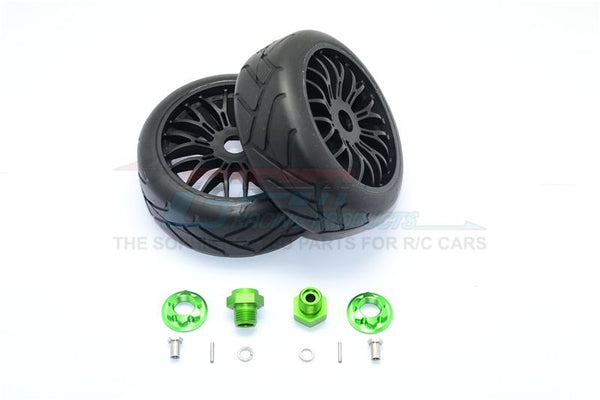 Axial Yeti Rock Racer Aluminum 8mm Front Hex Adapters + Rubber On-Road Radial Tires With Plastic Wheels - 1Pr Set Green