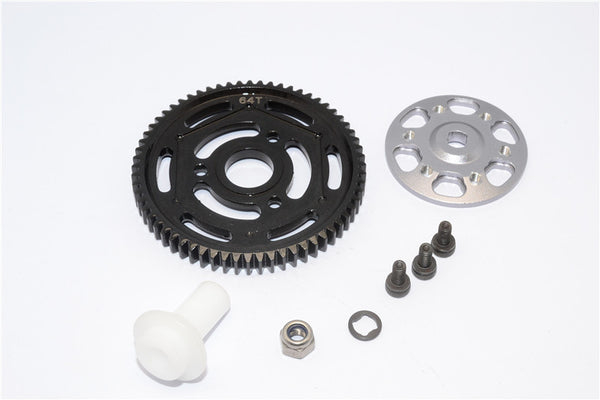 Axial Yeti XL Monster Buggy Aluminum Spur Gear Adapter + Steel Spur Gear 32 Pitch 64T - 2Pcs Set Gray Silver