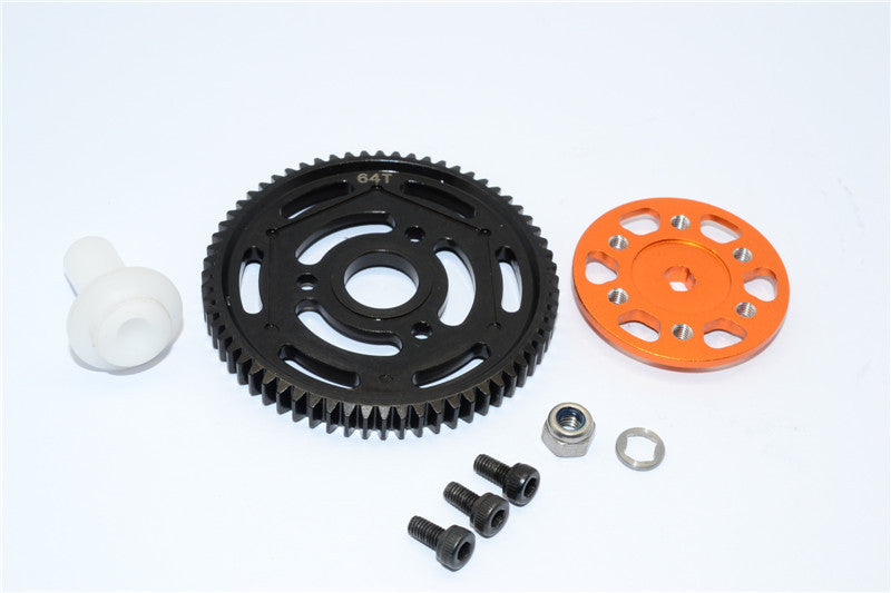 Axial Yeti XL Monster Buggy Aluminum Spur Gear Adapter + Steel Spur Gear 32 Pitch 64T - 2Pcs Set Orange