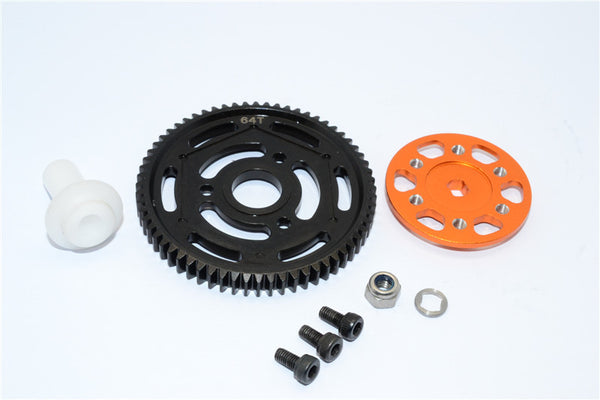 Axial Yeti XL Monster Buggy Aluminum Spur Gear Adapter + Steel Spur Gear 32 Pitch 64T - 2Pcs Set Orange
