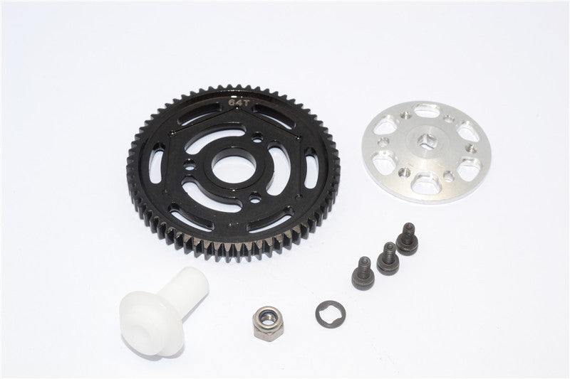 Axial Yeti XL Monster Buggy Aluminum Spur Gear Adapter + Steel Spur Gear 32 Pitch 64T - 2Pcs Set Silver