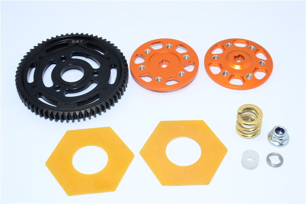 Axial Yeti XL Monster Buggy Aluminum Spur Gear Adapter + Steel Spur Gear 32 Pitch 64T + Fibre Slipper Pad - 5Pcs Set Orange