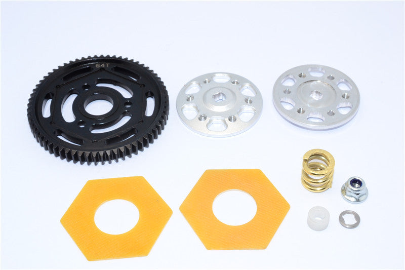 Axial Yeti XL Monster Buggy Aluminum Spur Gear Adapter + Steel Spur Gear 32 Pitch 64T + Fibre Slipper Pad - 5Pcs Set Silver