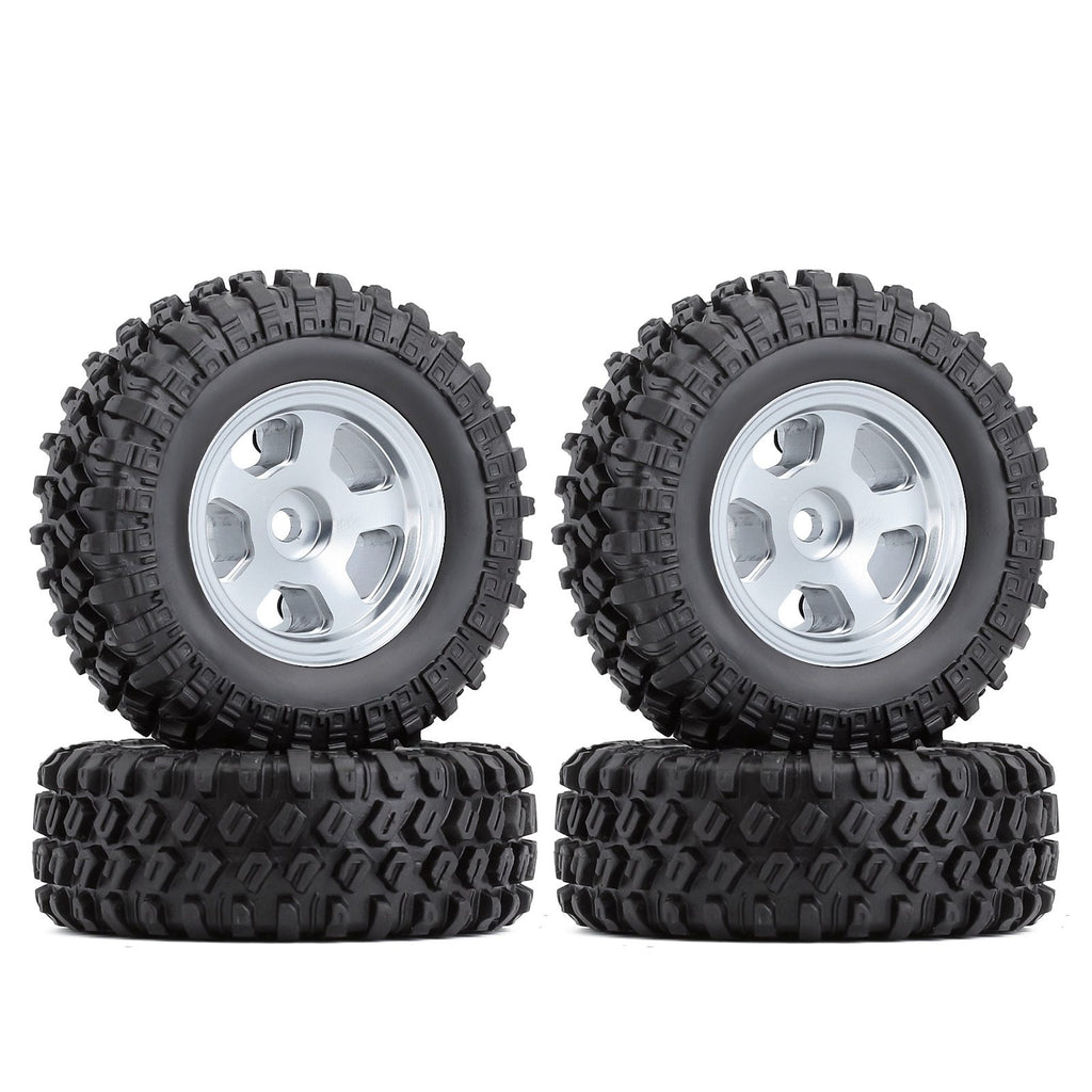 1.0" 49*18mm Beadlock Micro Crawler Alloy Wheel Rims Tires Set for 1/24 RC Crawler Car Axial SCX24 90081 AXI00001 - 4Pc Silver