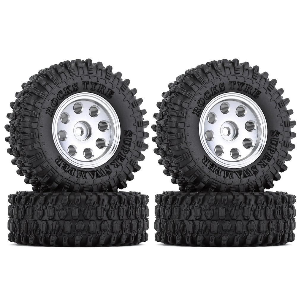 1.0" Beadlock Micro Crawler Alloy Wheel Rims Tires Set (8-Holes) for 1/24 RC Crawler Car Axial SCX24 90081 AXI00001 Deadbolt - 4Pc Silver