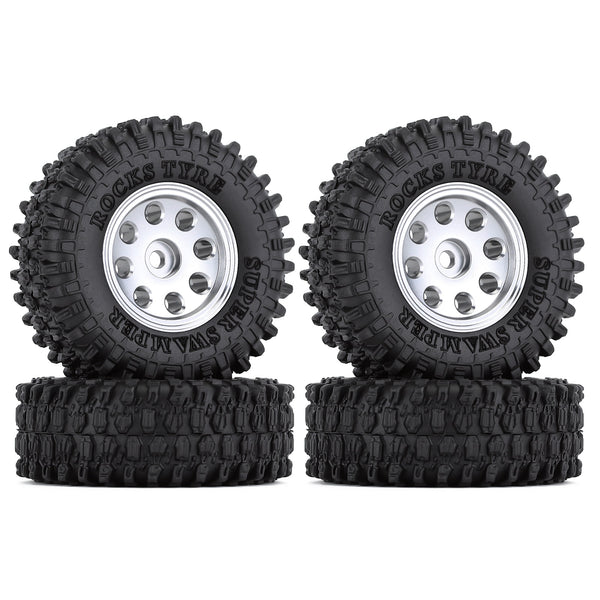 1.0" Beadlock Micro Crawler Alloy Wheel Rims Tires Set (8-Holes) for 1/24 RC Crawler Car Axial SCX24 90081 AXI00001 Deadbolt - 4Pc Silver